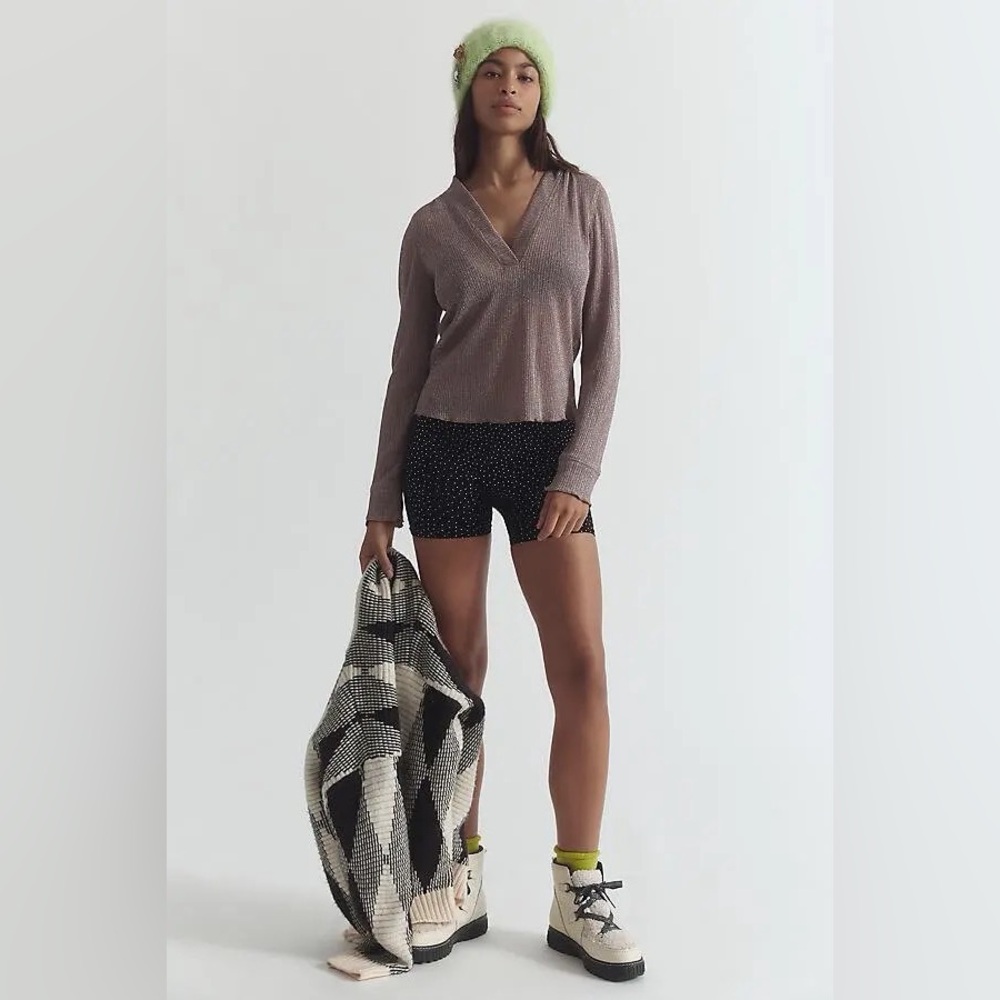Anthropologie Daily Practice Sheer Metallic V-Neck Hooded Top in Taupe - Picture 4 of 4